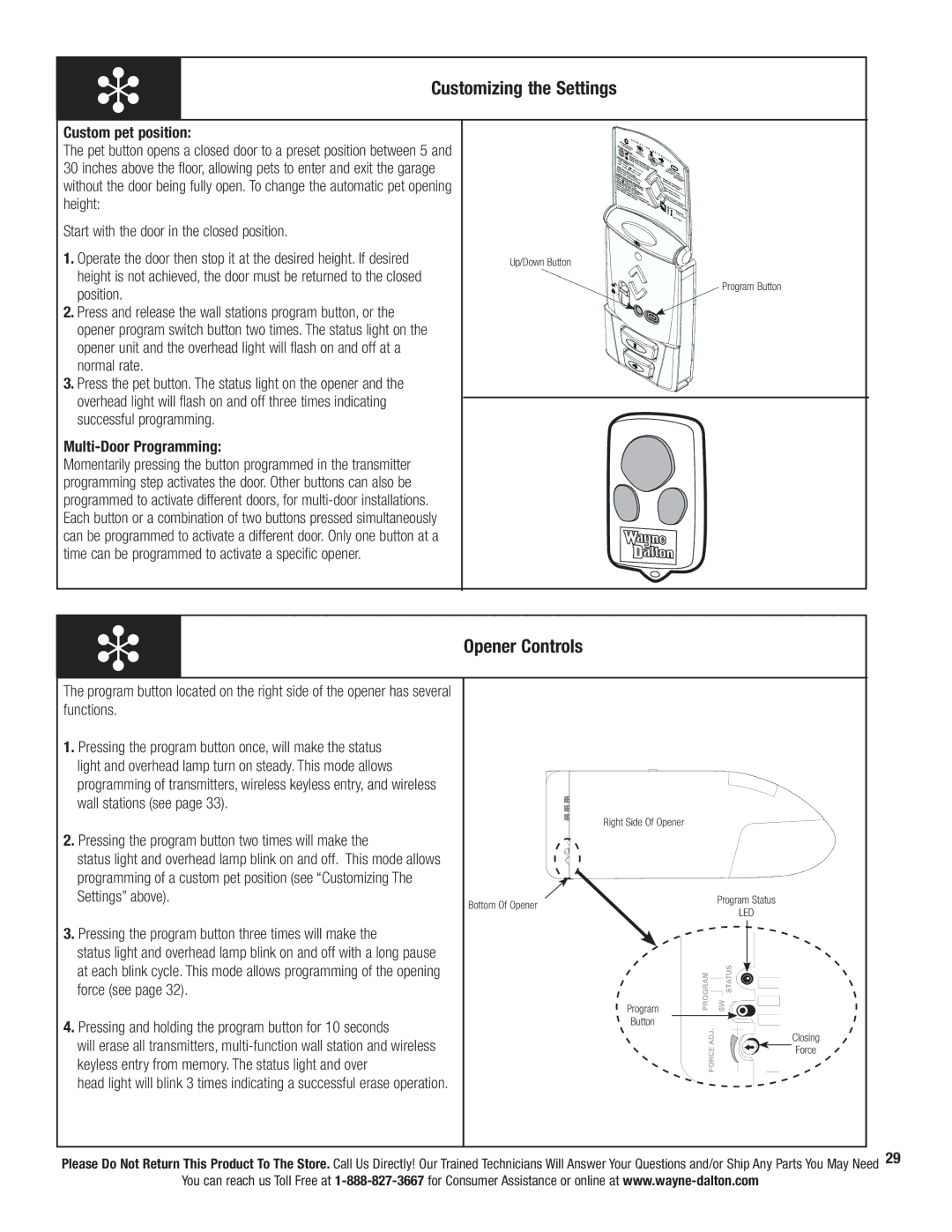 Wayne-Dalton Wireless Wall Station manual Customizing the Settings, Opener Controls 