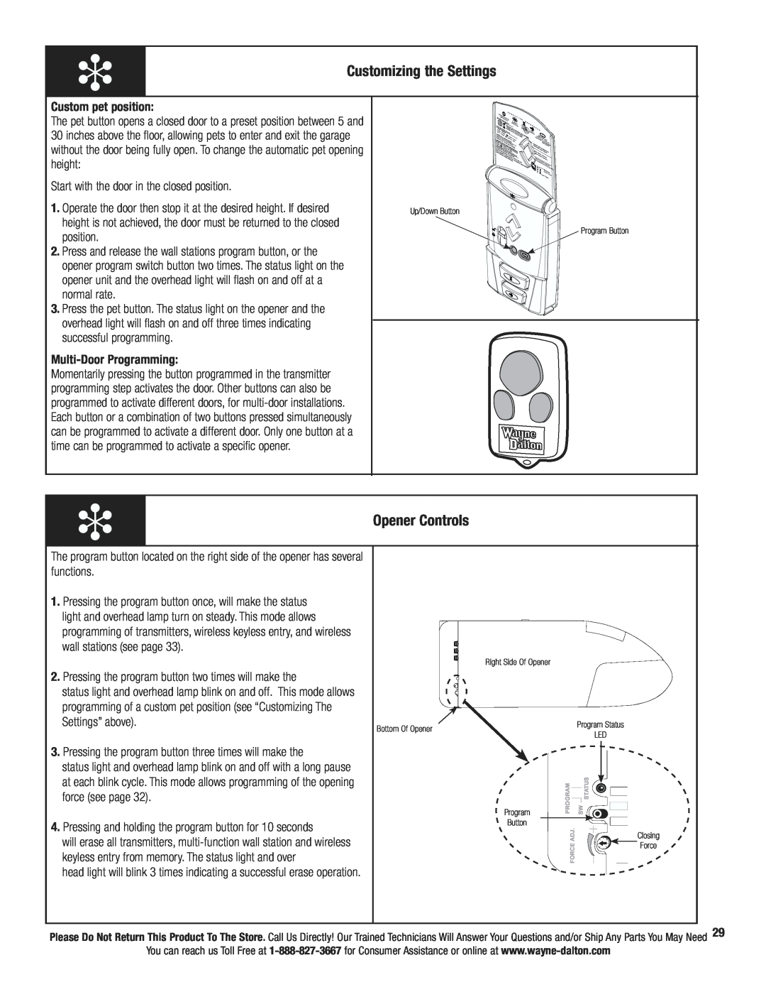Wayne-Dalton Wireless Wall Station manual Customizing the Settings, Opener Controls 