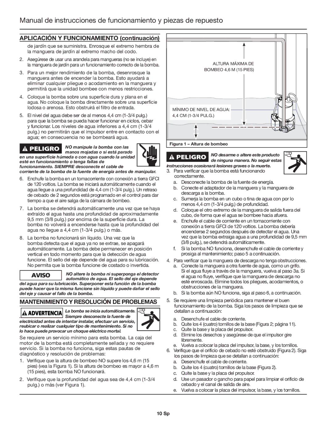 Wayne EEAUP250 Aplicación Y Funcionamiento continuación, Altura Máxima DE, Mínimo DE Nivel DE Agua 4,4 CM 1-3/4 Pulg 