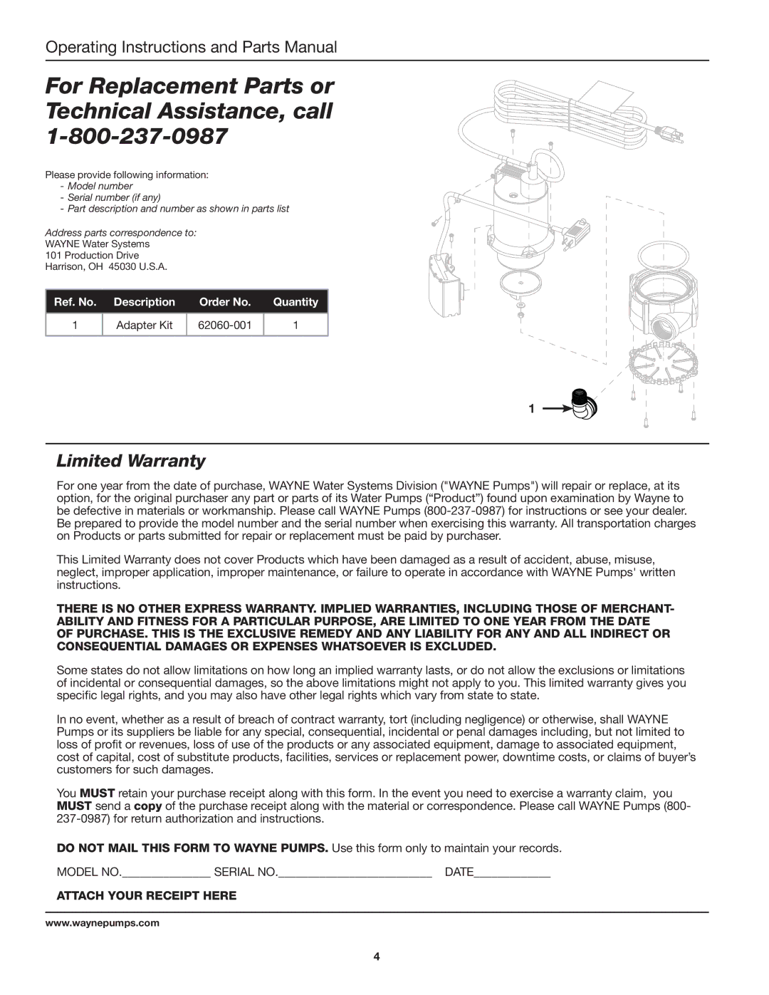 Wayne EEAUP250 warranty Limited Warranty, Adapter Kit 62060-001 