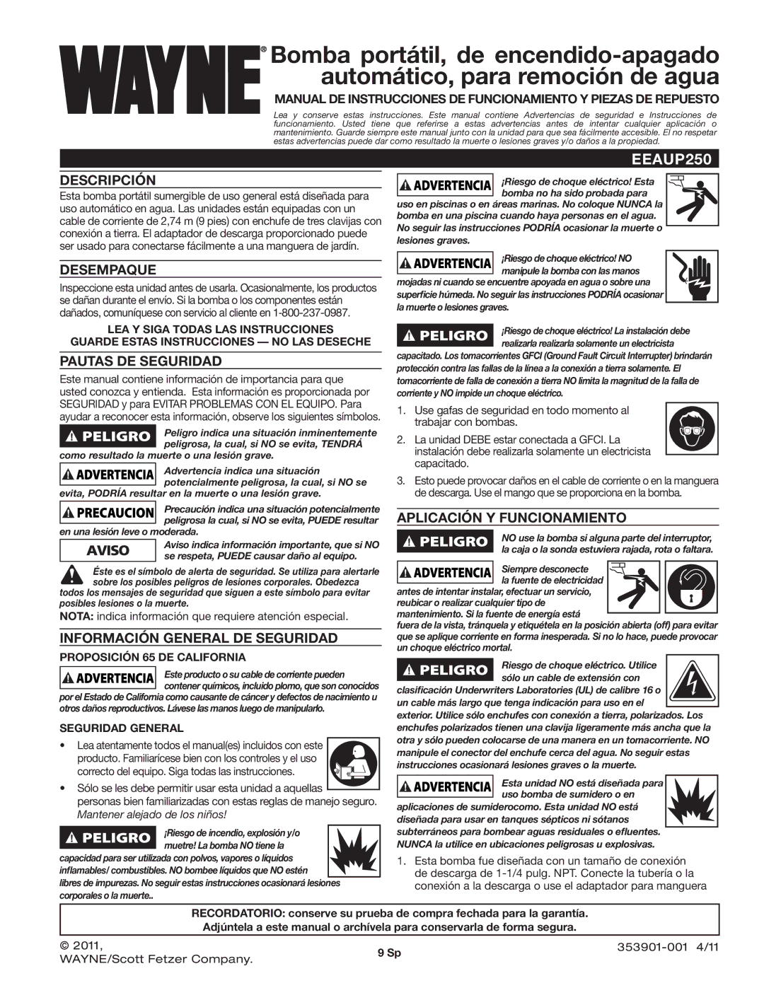 Wayne EEAUP250 Descripción, Desempaque, Pautas DE Seguridad, Aplicación Y Funcionamiento, Información General DE Seguridad 