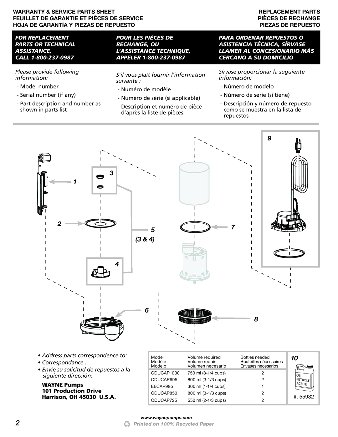 Wayne CDUCAP1000, EECAP995, 450002-001, CDUCAP850, CDUCAP725 specifications For Replacement Parts or Technical Assistance 