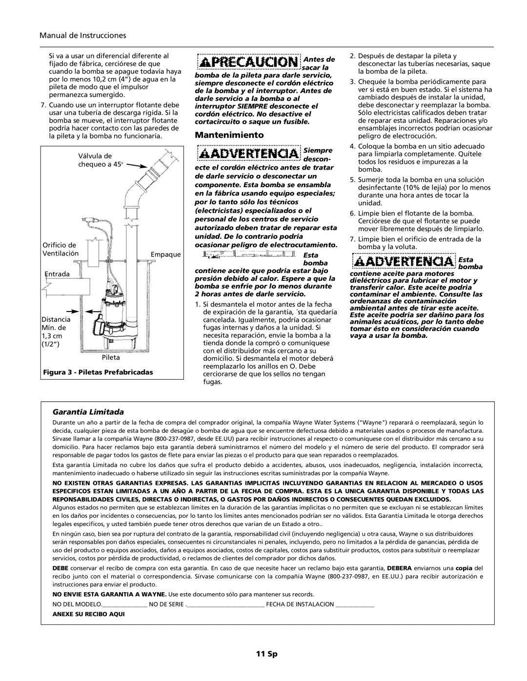 Wayne 331400-001, EFL30 specifications Mantenimiento, Garantía Limitada 