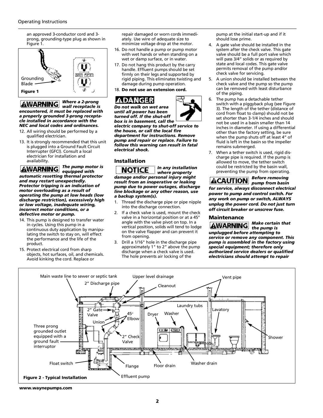 Wayne EFL30, 331400-001 specifications Installation, Maintenance, Operating Instructions 