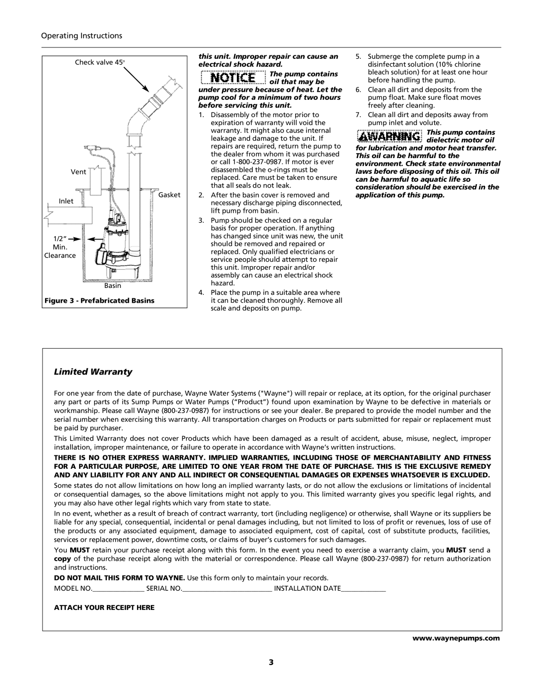 Wayne 331400-001, EFL30 specifications Limited Warranty 