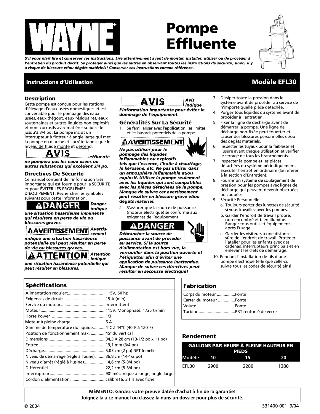 Wayne 331400-001 specifications Pompe Effluente, Modèle EFL30, Spécifications, Fabrication, Rendement 