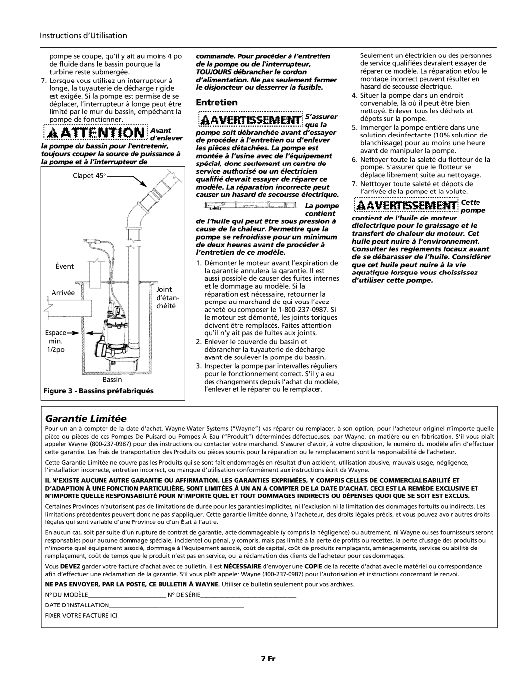 Wayne 331400-001, EFL30 specifications Entretien, Clapet 45o 