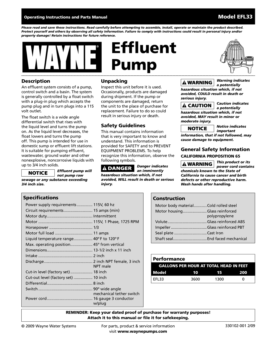 Wayne 330102-001 specifications Description, Unpacking, Safety Guidelines, General Safety Information, Specifications 