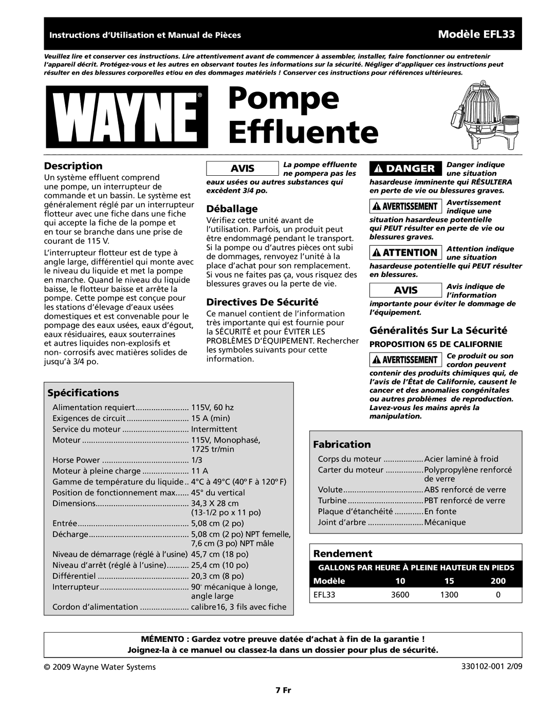 Wayne 330102-001 Déballage, Directives De Sécurité, Généralités Sur La Sécurité, Spécifications, Fabrication, Rendement 