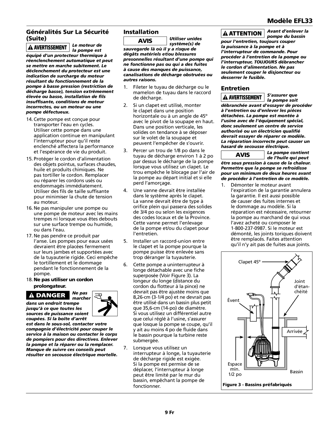 Wayne 330102-001, EFL33 specifications Entretien, Ne pas utiliser un cordon prolongateur 