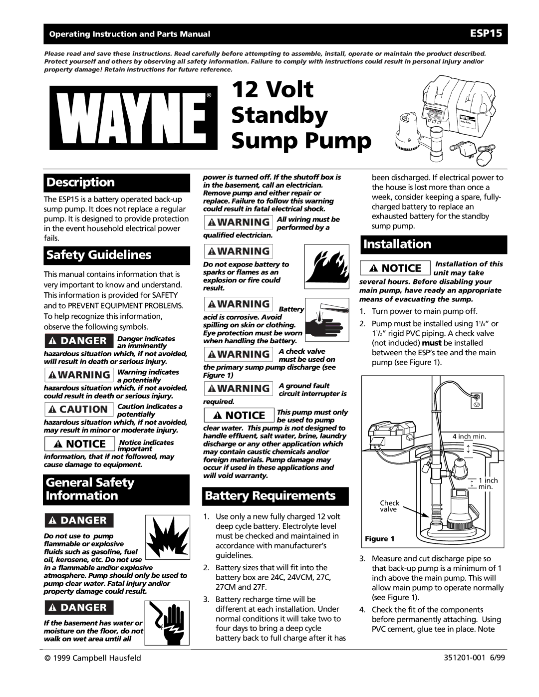 Wayne ESP15 warranty Description, Safety Guidelines, General Safety Information, Battery Requirements 