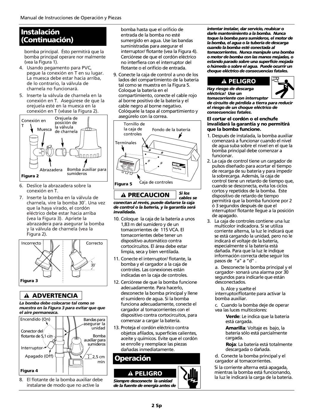 Wayne ESP15 warranty Instalación Continuación, Operación 