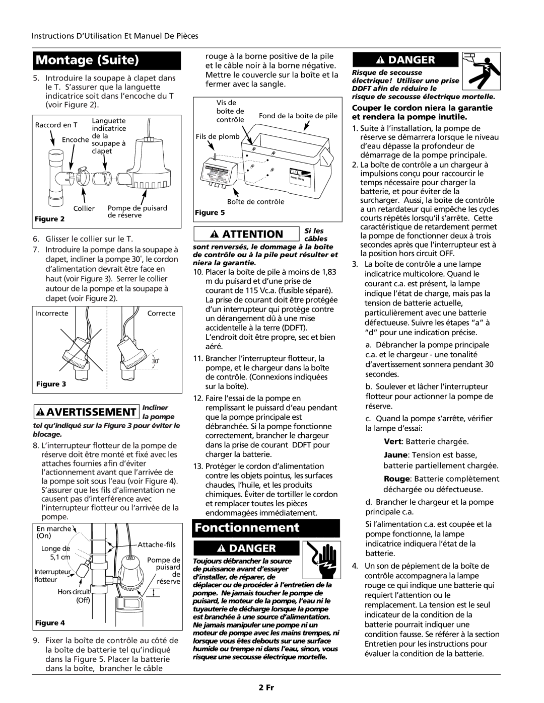 Wayne ESP15 warranty Montage Suite, Fonctionnement 