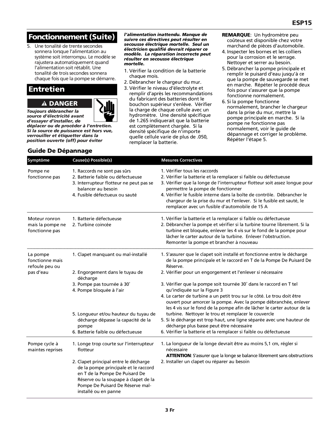 Wayne ESP15 warranty Fonctionnement Suite, Entretien, Guide De Dépannage, Symptôme Causes Possibles Mesures Correctives 