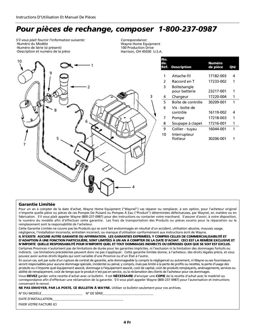 Wayne ESP15 warranty Pour pièces de rechange, composer, Numéro Réf Description De pièce Qté 