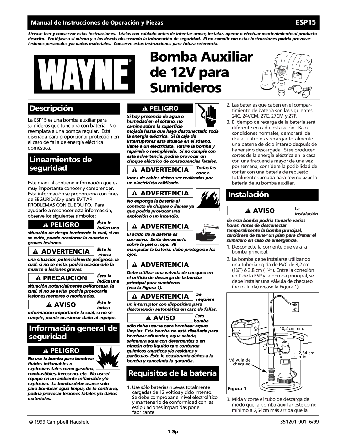 Wayne ESP15 warranty Descripción, Lineamientos de seguridad, Información general de seguridad, Requisitos de la batería 