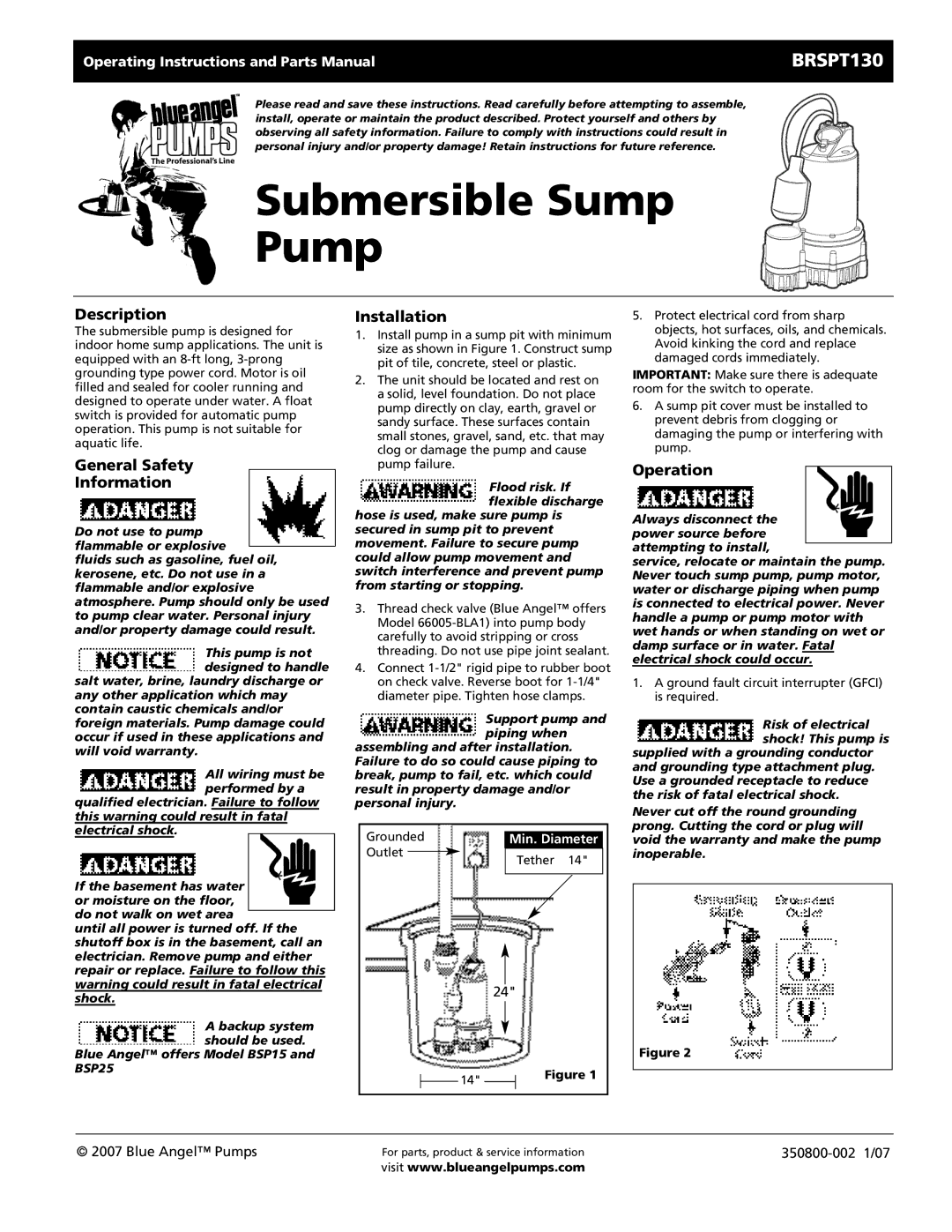 Wayne BRSPT130, ESP25, 350800-002 warranty Description, General Safety Information, Installation, Operation, Min. Diameter 