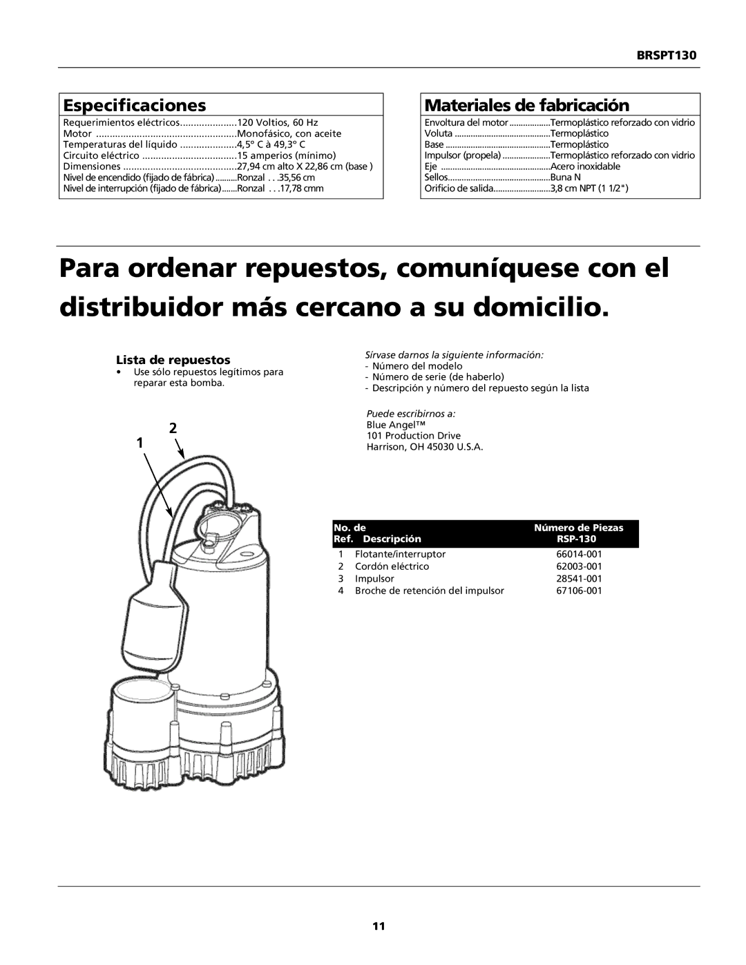 Wayne 350800-002, ESP25, BRSPT130 warranty Especificaciones, Materiales de fabricación, Lista de repuestos 