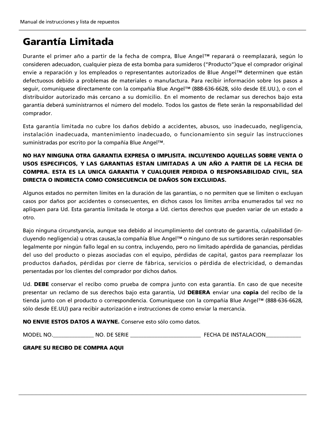 Wayne ESP25, BRSPT130, 350800-002 warranty Garantía Limitada, No Envie Estos Datos a WAYNE. Conserve esto sólo como datos 