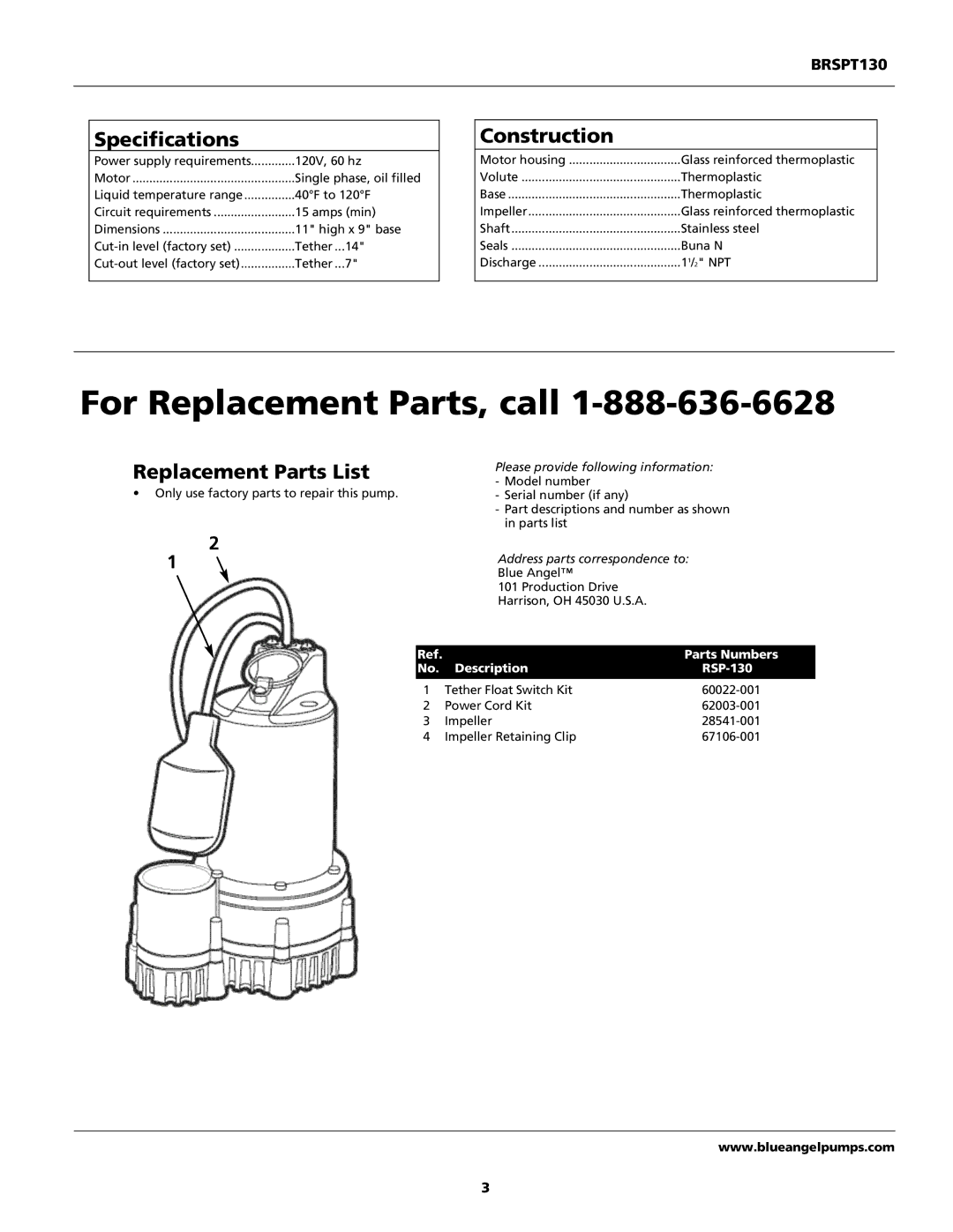 Wayne ESP25, BRSPT130, 350800-002 warranty Parts Numbers, Description RSP-130 