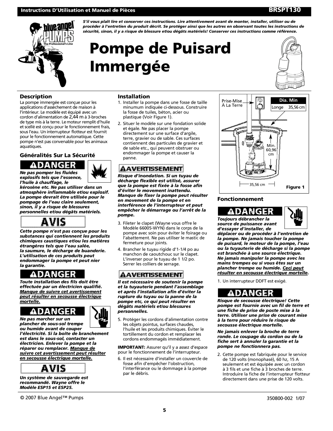 Wayne 350800-002, ESP25, BRSPT130 warranty Généralités Sur La Sécurité Installation, Fonctionnement, Dia. Min 