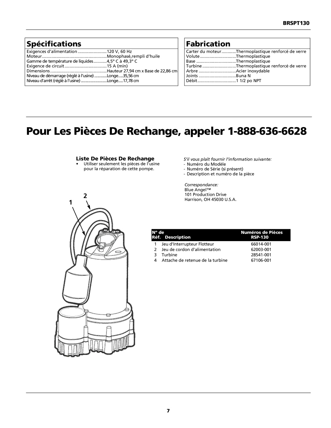 Wayne BRSPT130 Spécifications, Fabrication, Liste De Pièces De Rechange, Nº de Numéros de Pièces Réf Description RSP-130 