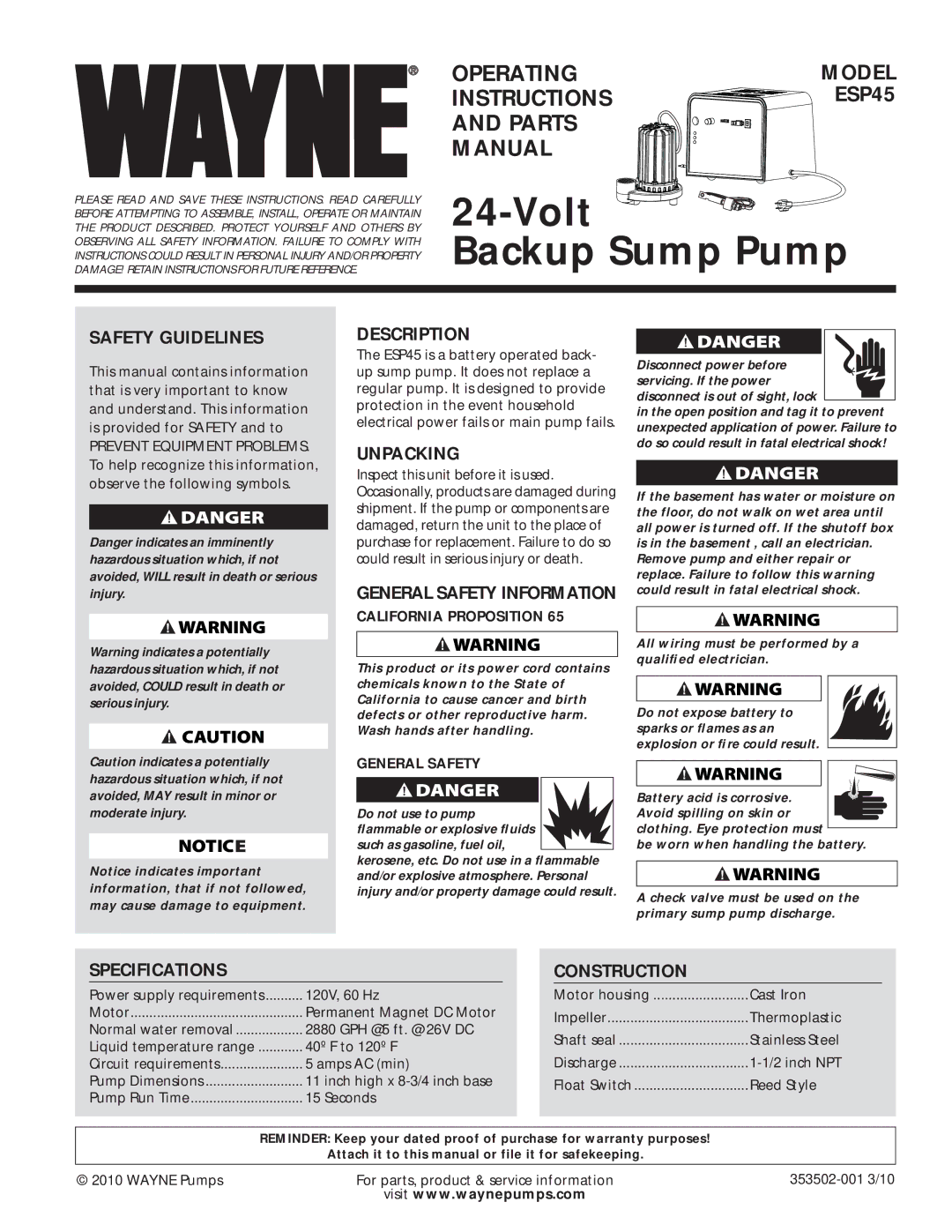 Wayne ESP45 specifications Safety Guidelines, Description, Unpacking, Specifications, Construction 