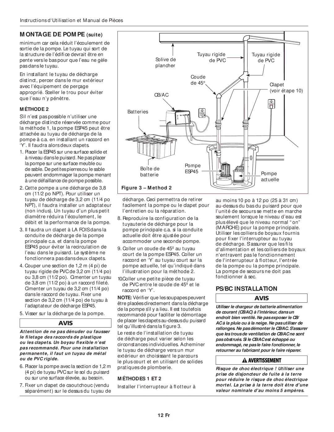 Wayne ESP45 specifications Montage DE Pompe suite, PS/BC Installation, Méthodes 1 ET, 12 Fr 