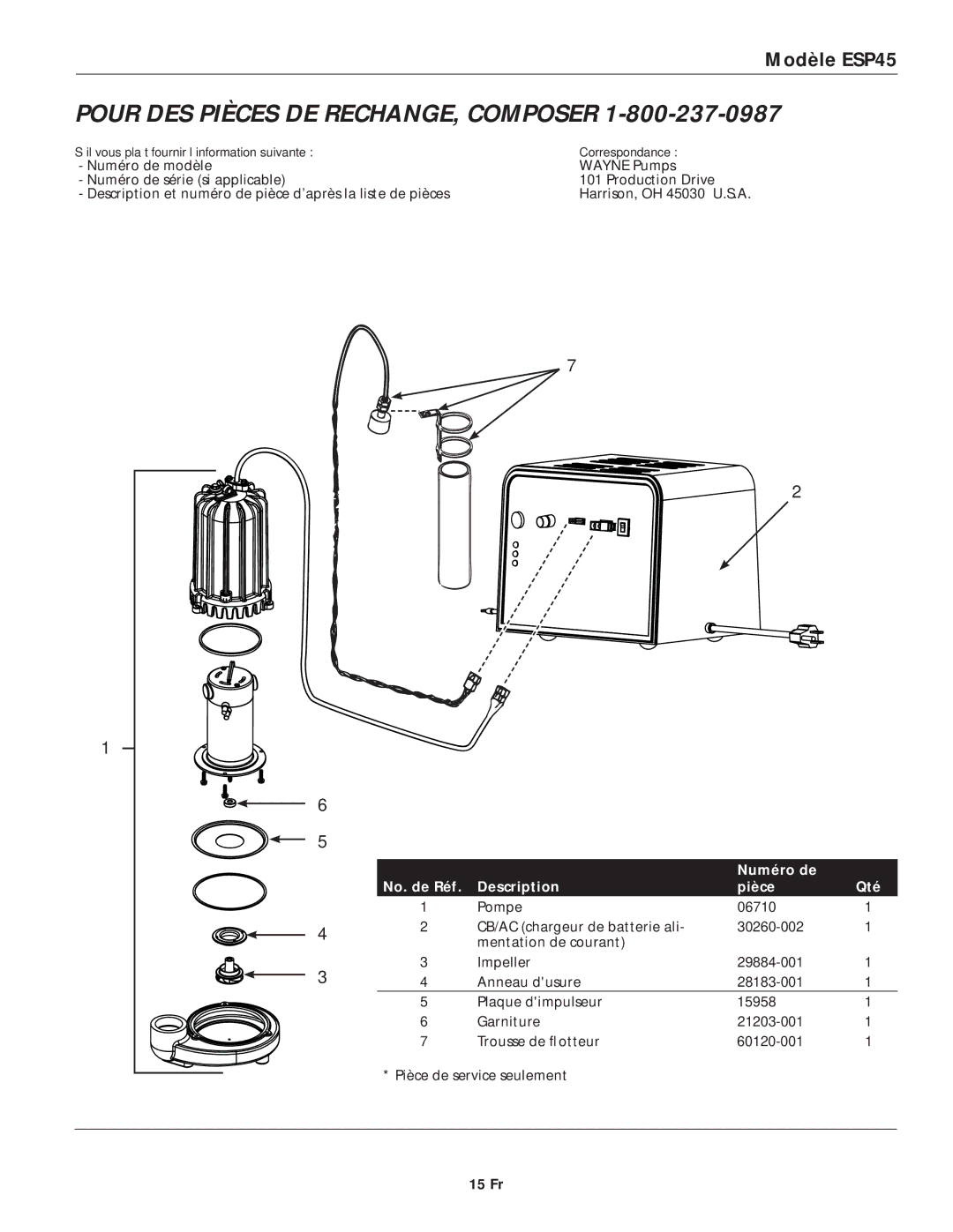 Wayne ESP45 specifications Numéro de No. de Réf Description Pièce Qté, 15 Fr 