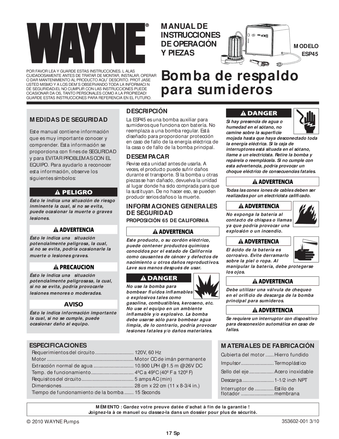 Wayne ESP45 specifications Medidas DE Seguridad, Descripción, Desempacar, Informaciones Generales DE Seguridad 