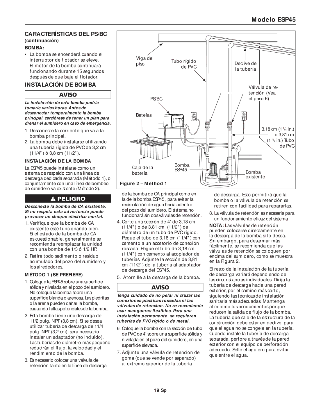 Wayne ESP45 specifications Instalación DE Bomba, Instalación DE LA Bomba, Método 1 SE Prefiere 