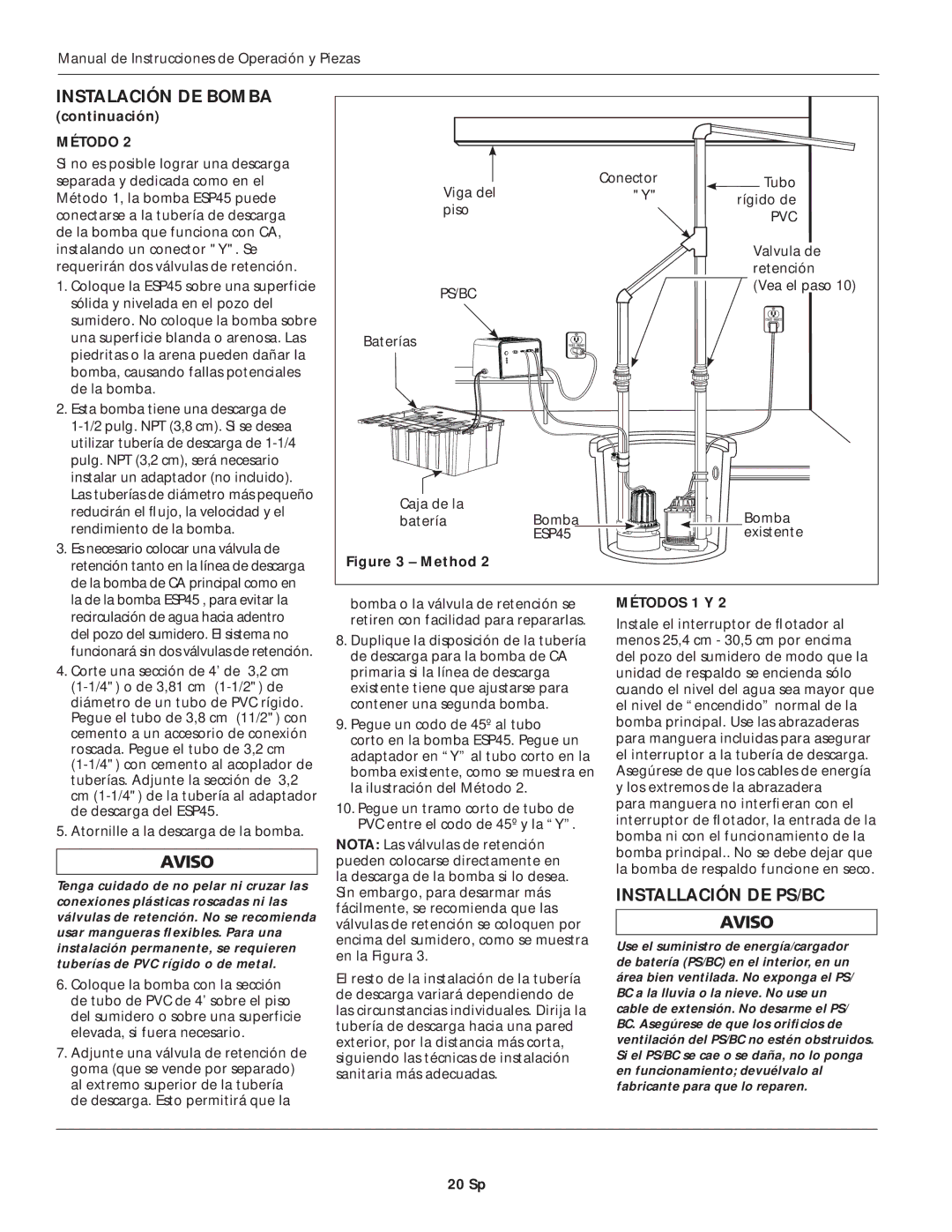 Wayne ESP45 specifications Installación DE PS/BC, Métodos 1 Y, 20 Sp 