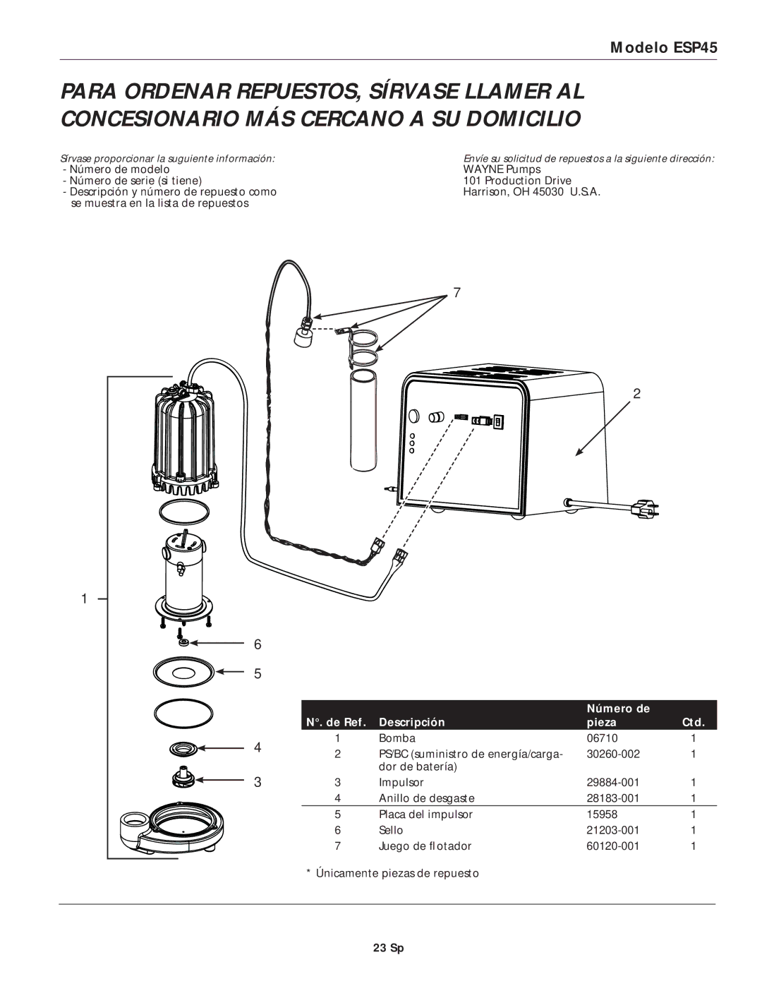 Wayne ESP45 specifications Número de De Ref Descripción Pieza Ctd, 23 Sp 