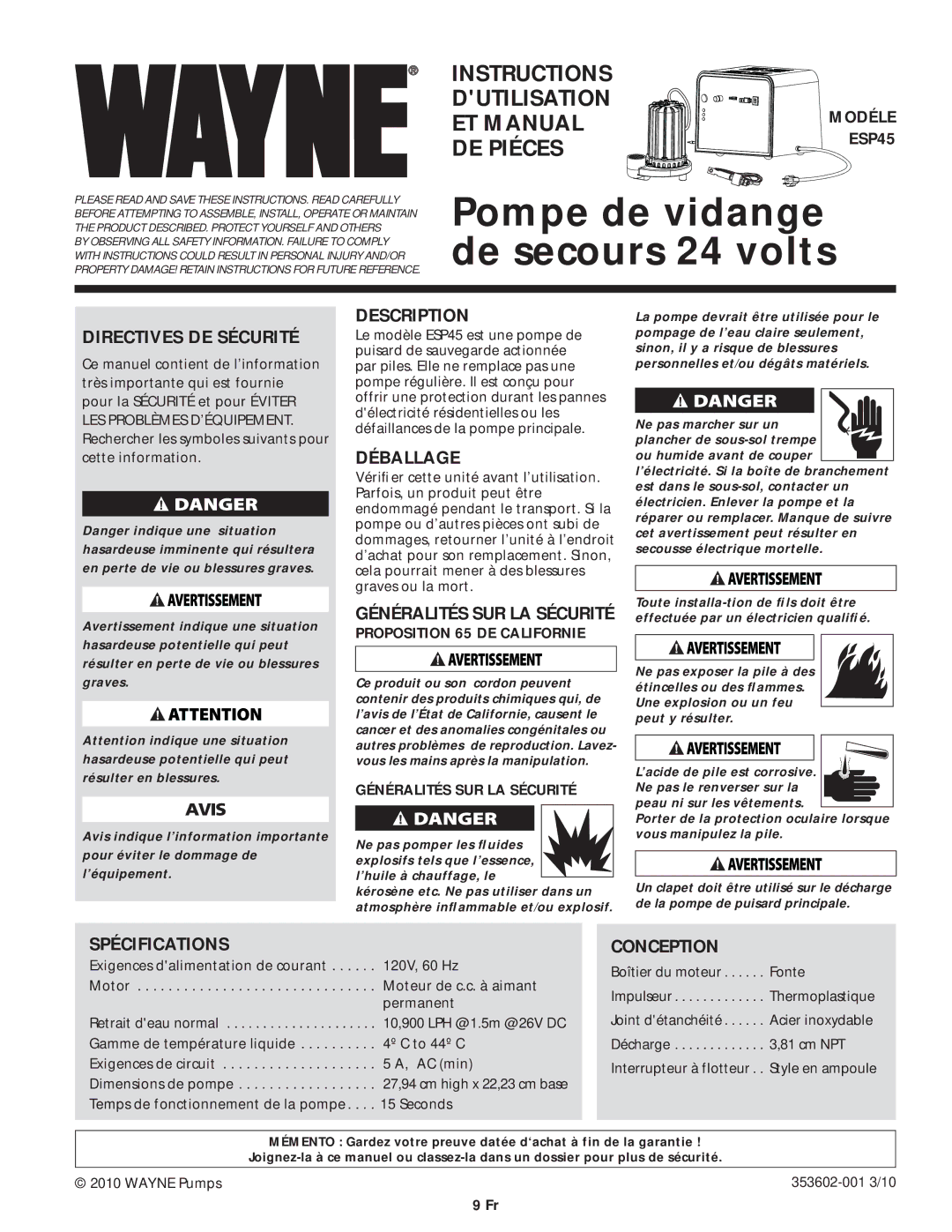 Wayne ESP45 specifications Directives DE Sécurité, Déballage, Spécifications, Conception 