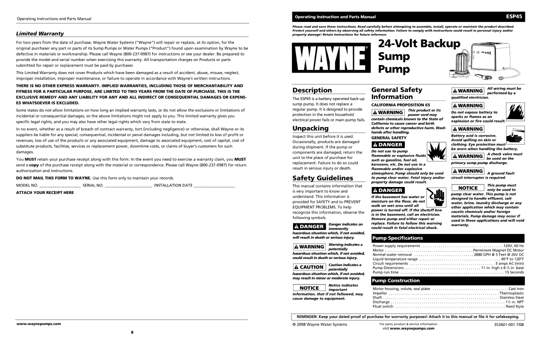 Wayne ESP45 specifications Description, Unpacking, Safety Guidelines, General Safety Information 