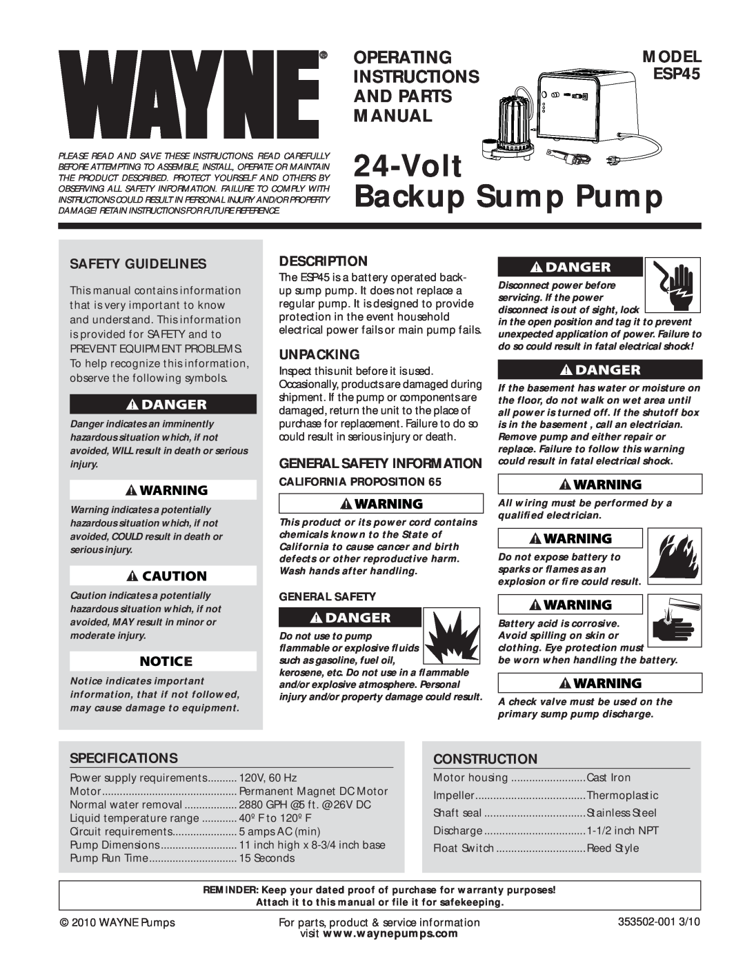 Wayne ESP45 specifications Volt Backup Sump Pump, Operating, Instructions, And Parts, Manual, Safety Guidelines, Unpacking 