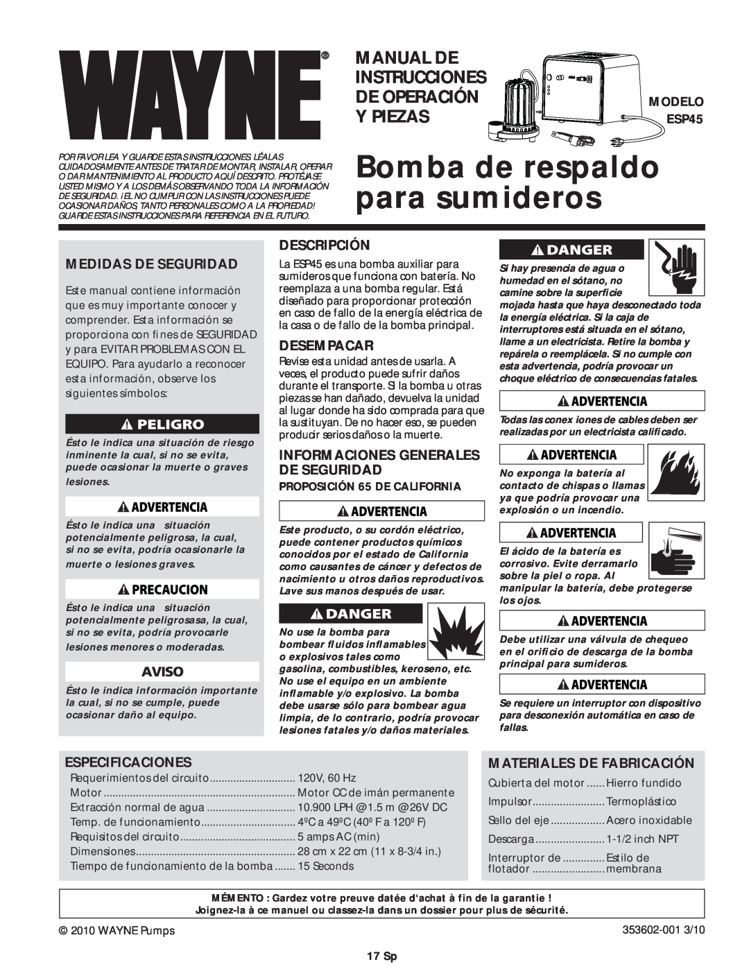 Wayne ESP45 Bomba de respaldo para sumideros, Manual De, Instrucciones, De Operación, Y Piezas, Medidas De Seguridad 