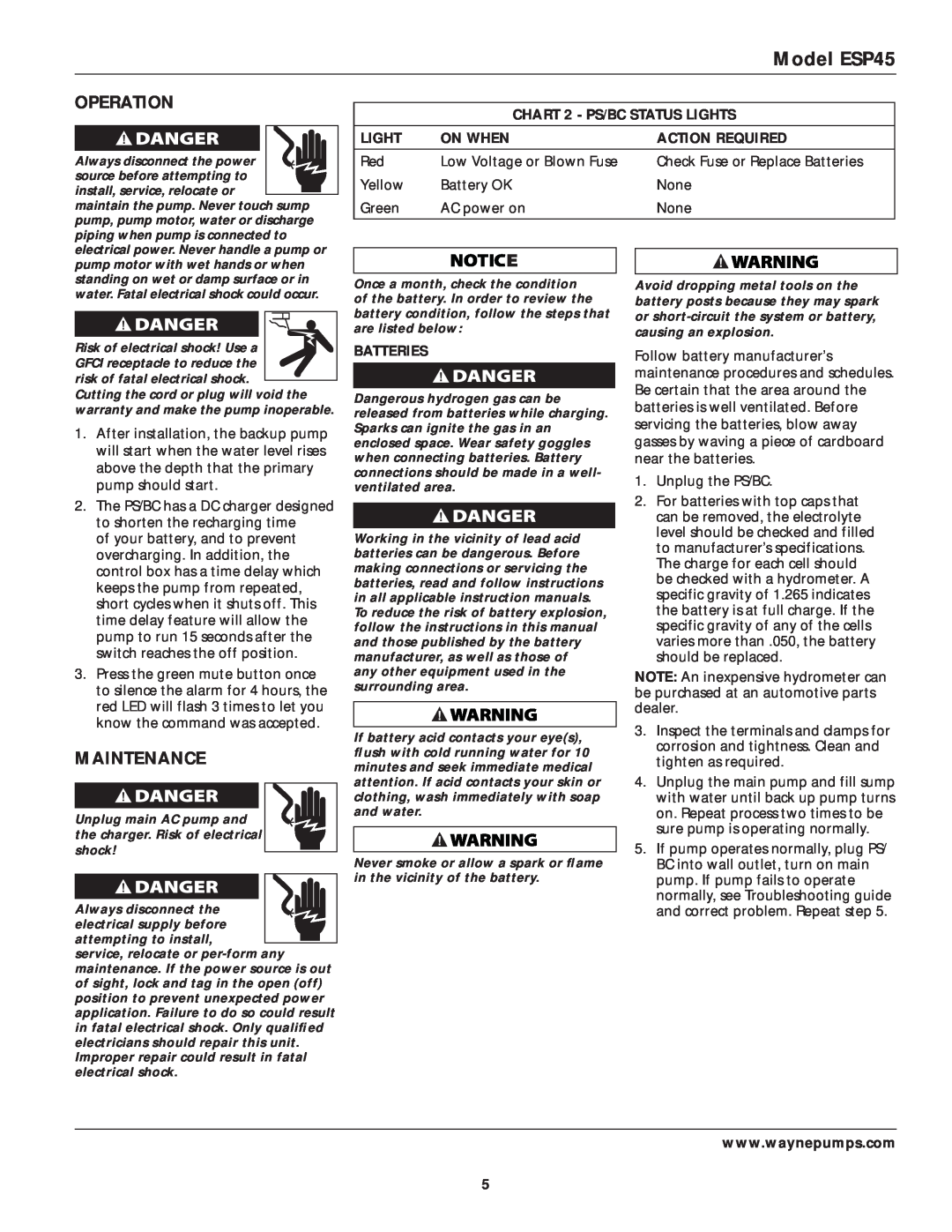 Wayne Operation, Maintenance, CHART 2 - PS/BC STATUS LIGHTS, Light, On When, Action Required, Batteries, Model ESP45 