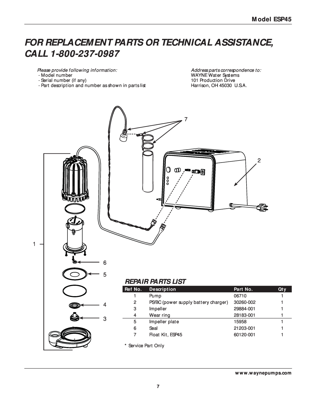 Wayne specifications Ref No, Description, Repair Parts List, Model ESP45 