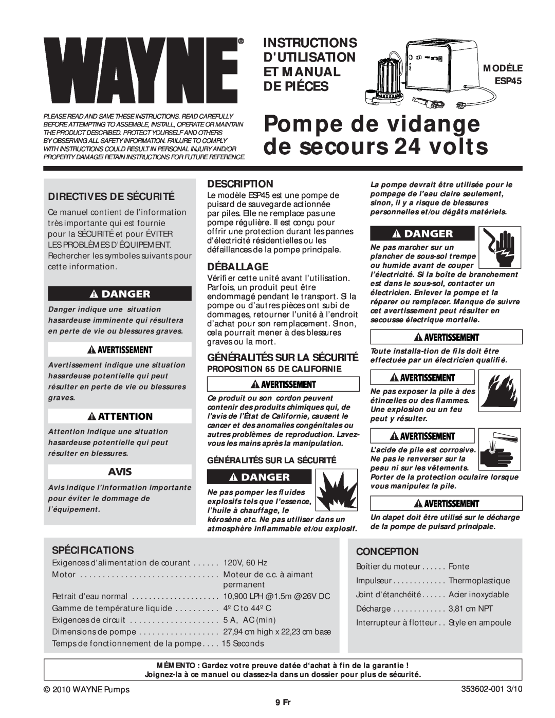 Wayne ESP45 Pompe de vidange de secours 24 volts, Directives De Sécurité, Déballage, Spécifications, Conception, 9 Fr 