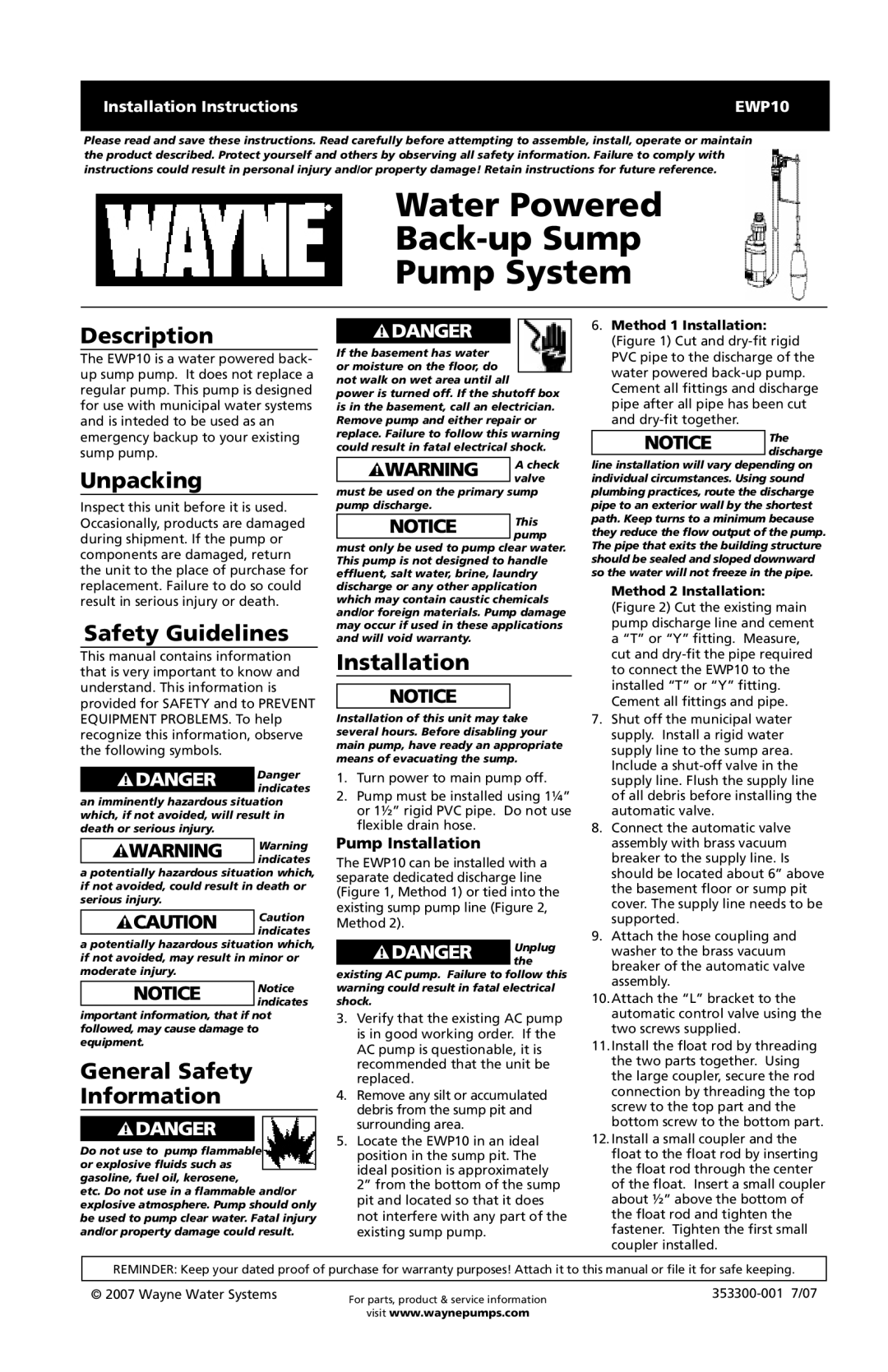 Wayne EWP10 installation instructions Description, Unpacking, Safety Guidelines, General Safety Information, Installation 