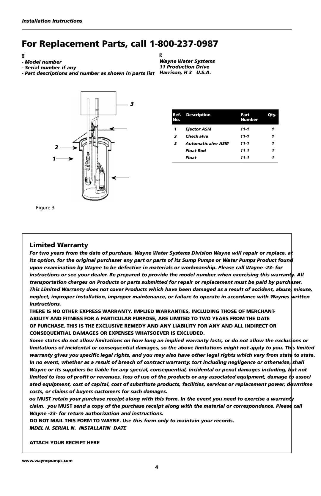 Wayne EWP10 installation instructions For Replacement Parts, call, Limited Warranty, Description Part Number Qty 