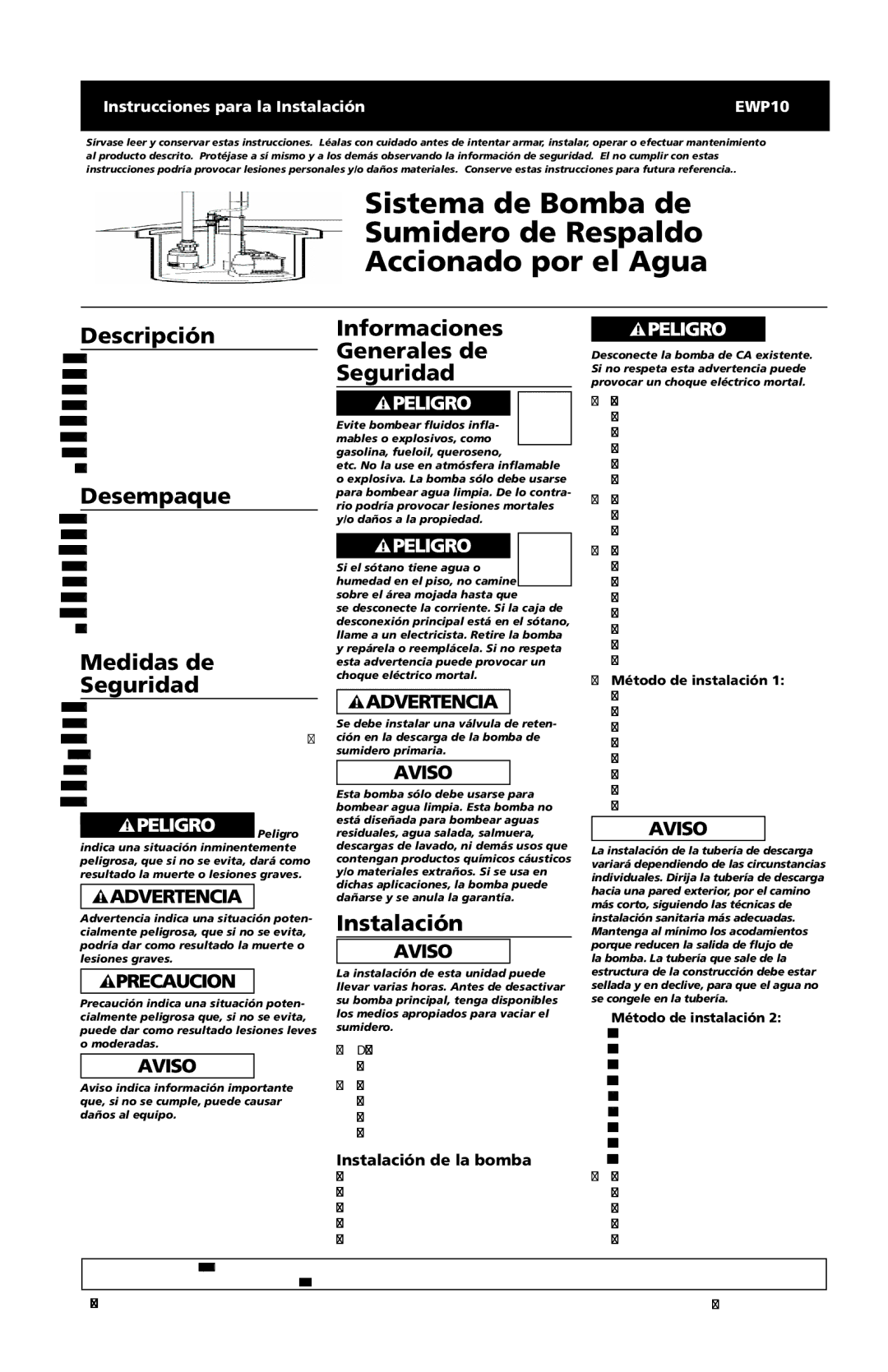 Wayne EWP10 Descripción, Desempaque, Medidas de Seguridad, Informaciones Generales de Seguridad, Instalación 