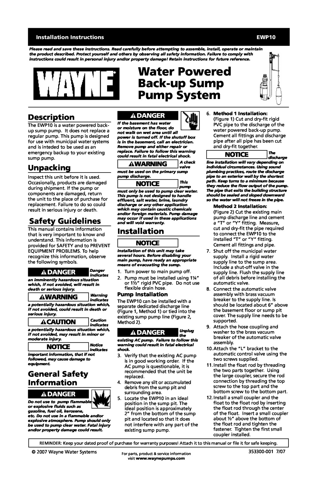Wayne EWP10 installation instructions Description, Unpacking, Safety Guidelines, General Safety Information, Installation 