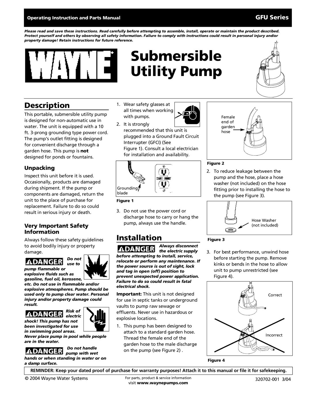 Wayne 320702-001 warranty Submersible Utility Pump, Description, Installation, GFU Series 