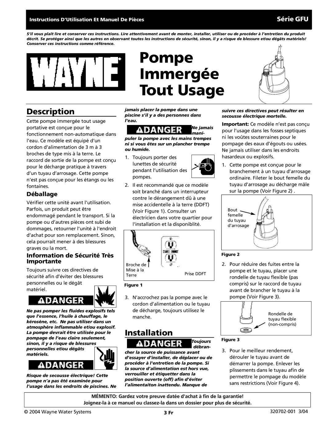 Wayne 320702-001, GFU Series Pompe Immergée Tout Usage, Série GFU, Déballage, Information de Sécurité Très Importante 