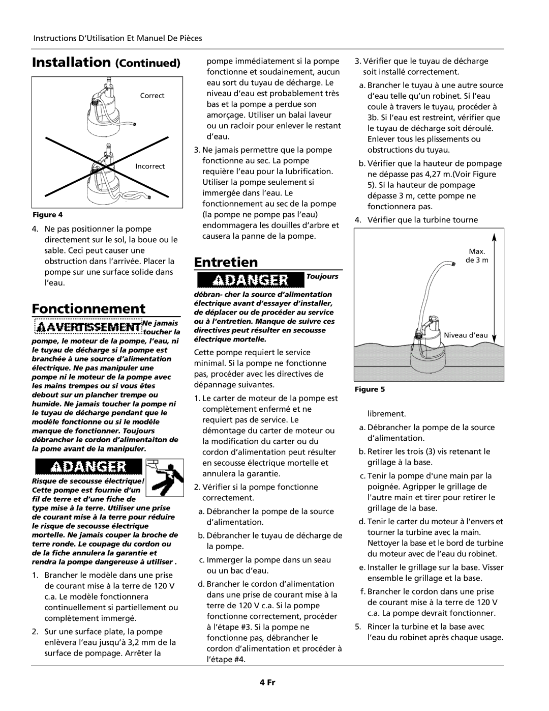 Wayne GFU Series, 320702-001 warranty Fonctionnement, Entretien 