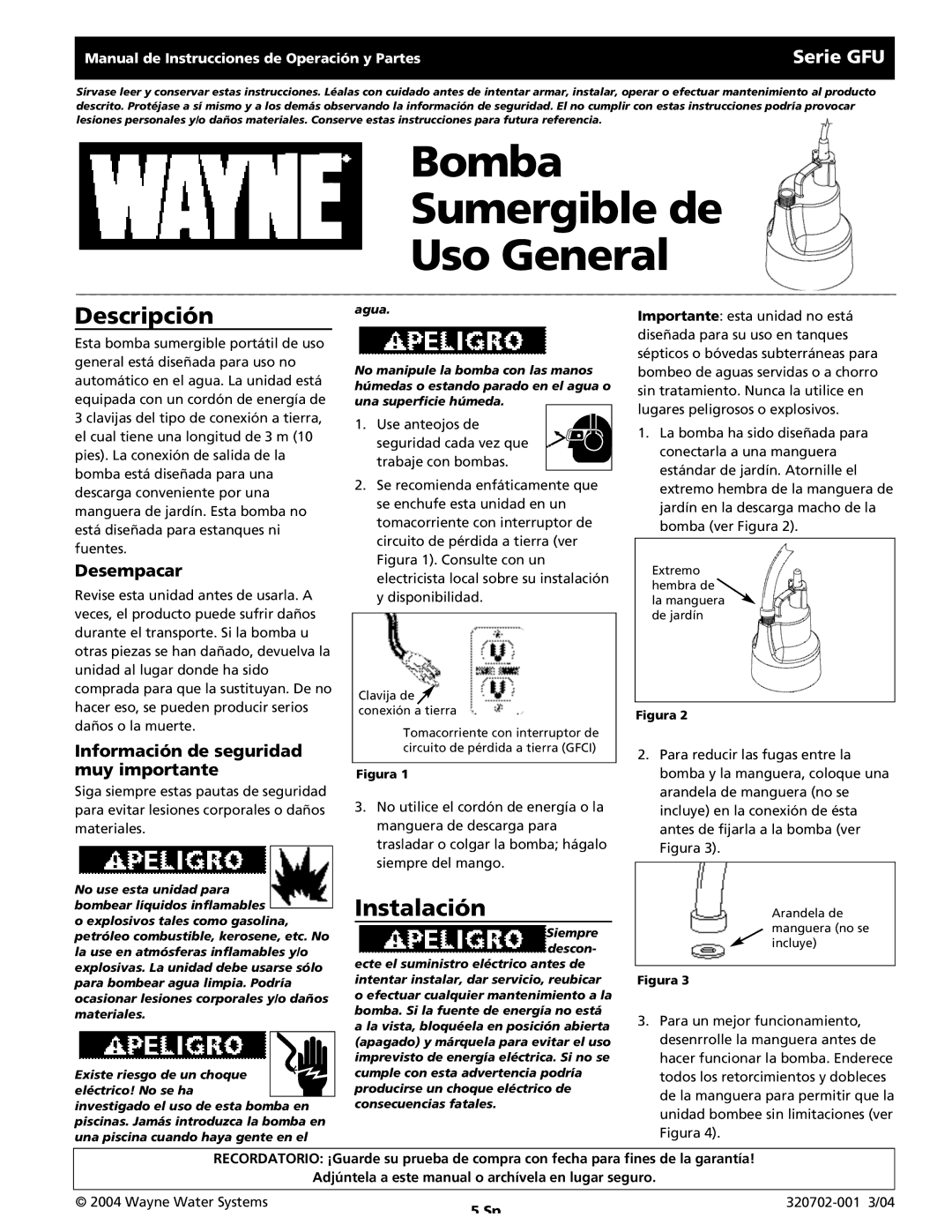 Wayne 320702-001, GFU Series warranty Bomba Sumergible de Uso General, Descripción, Instalación, Serie GFU 