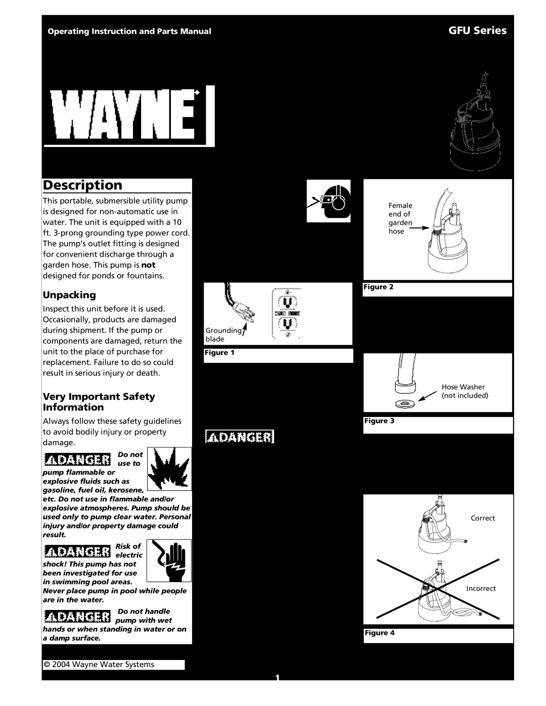 Wayne 320702-001 warranty Submersible Utility Pump, Description, Installation, GFU Series, Unpacking 