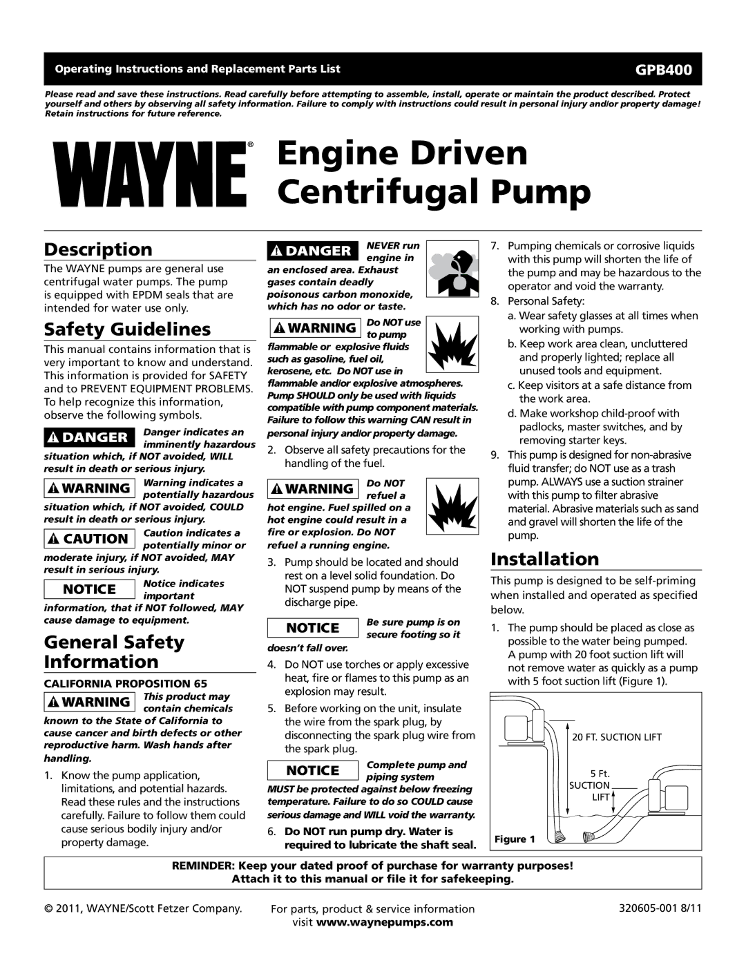 Wayne GPB400 warranty Description, Safety Guidelines, General Safety Information, Installation, California Proposition 